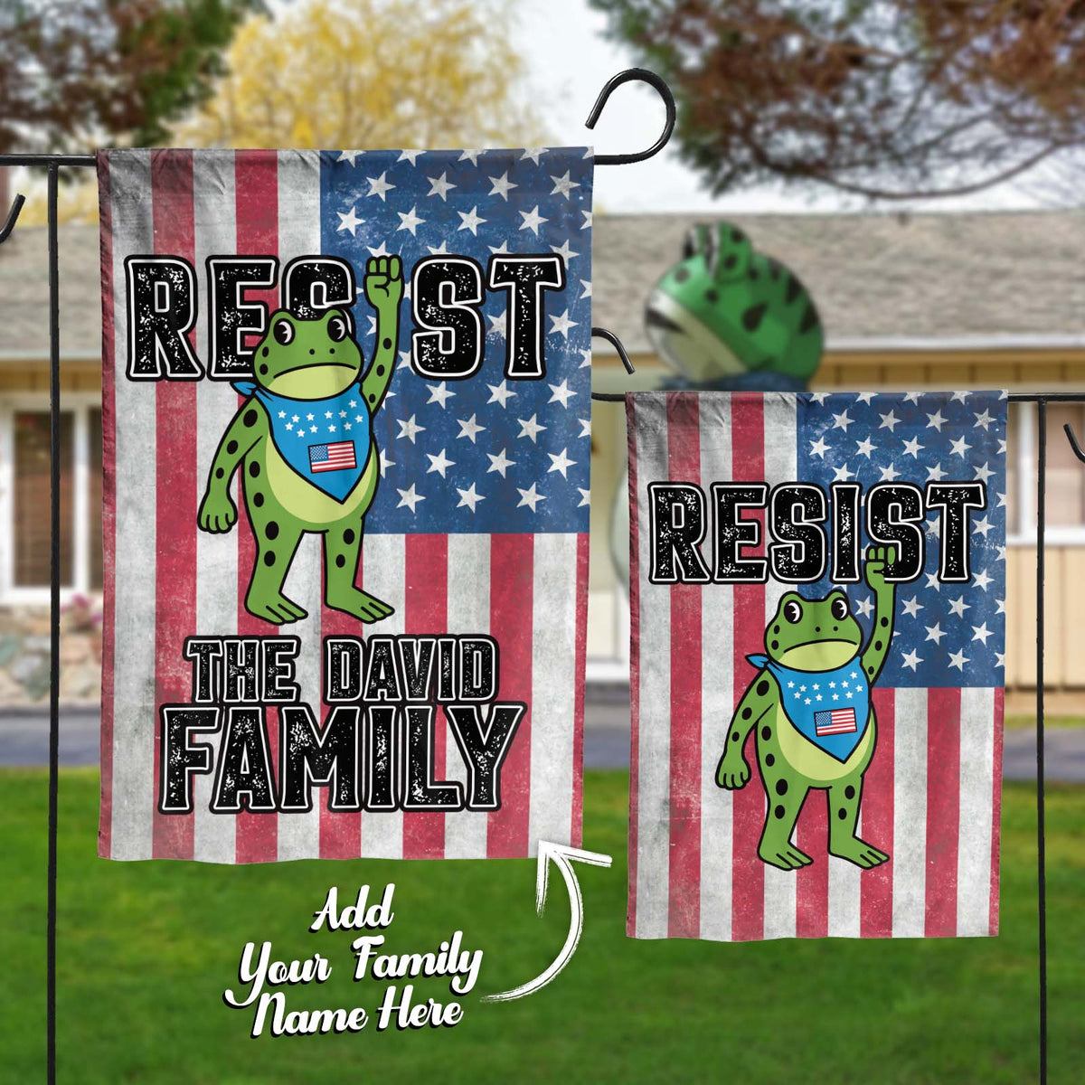 Personalized garden flag featuring a frog design and customizable text for the David family