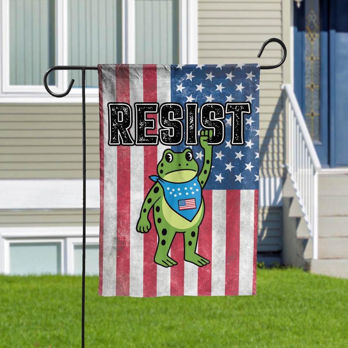 Personalized garden flag featuring a frog design with a 'Resist' message on an American flag background