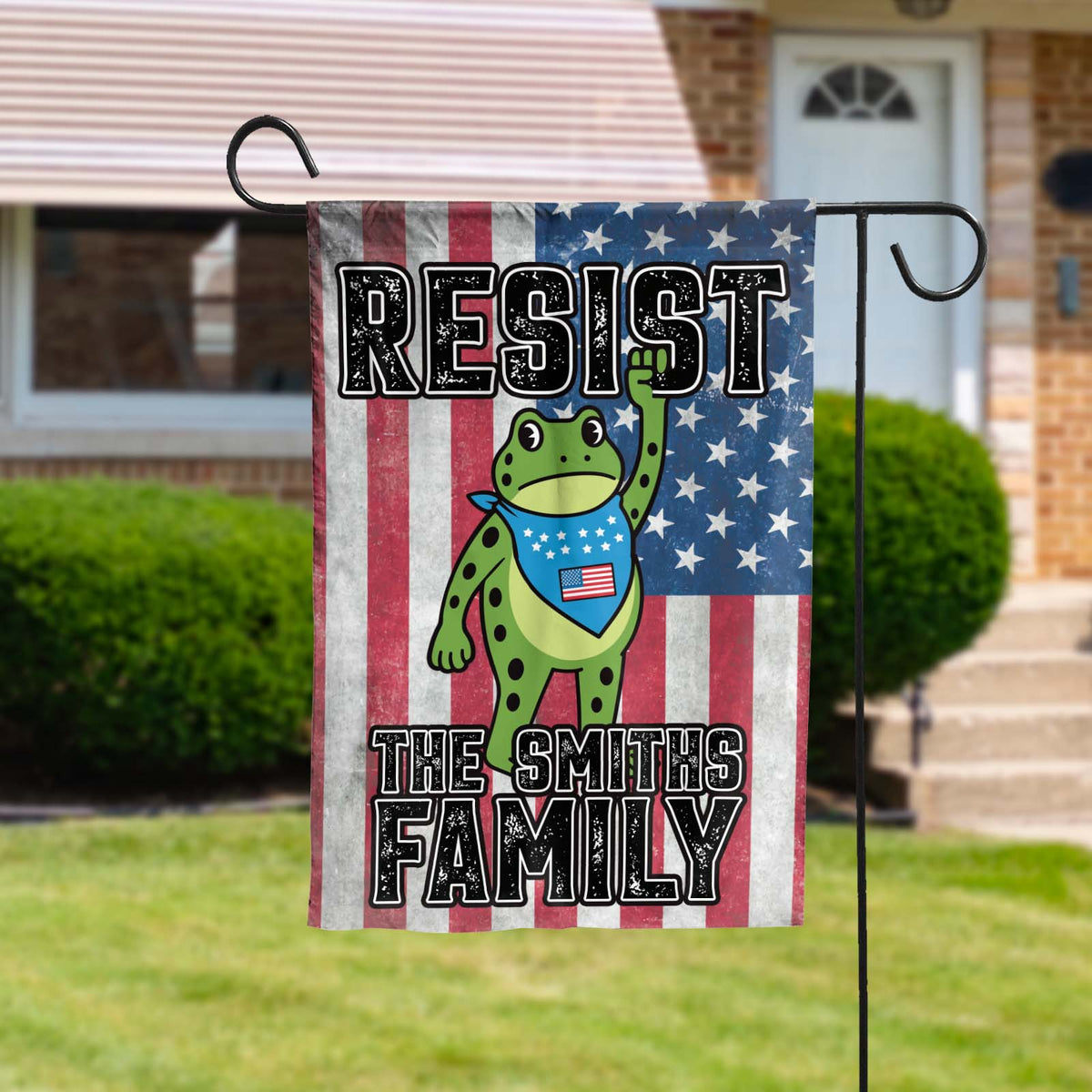 Personalized garden flag featuring a frog design with an American flag background for the Smiths family