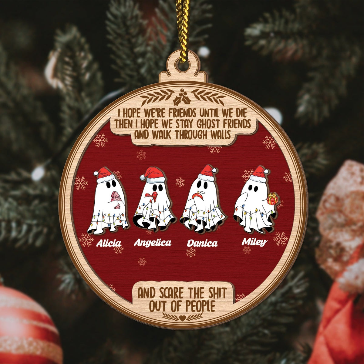 365Gifty personalized ghost friends Christmas ornament with four ghost characters and custom names on red background