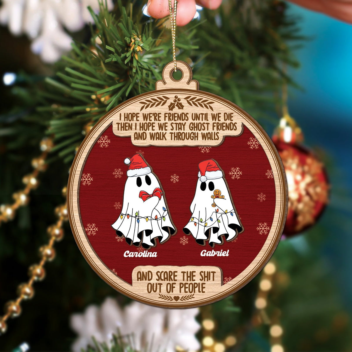Personalized ghost friends Christmas ornament with two ghost characters wearing Santa hats and Christmas lights