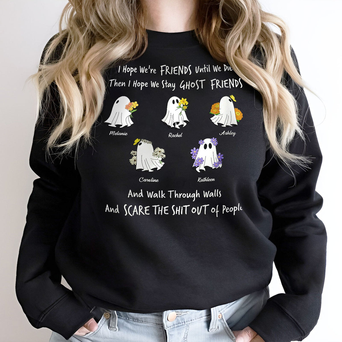 Black personalized ghost friends shirt with cute ghost illustrations and custom names on front