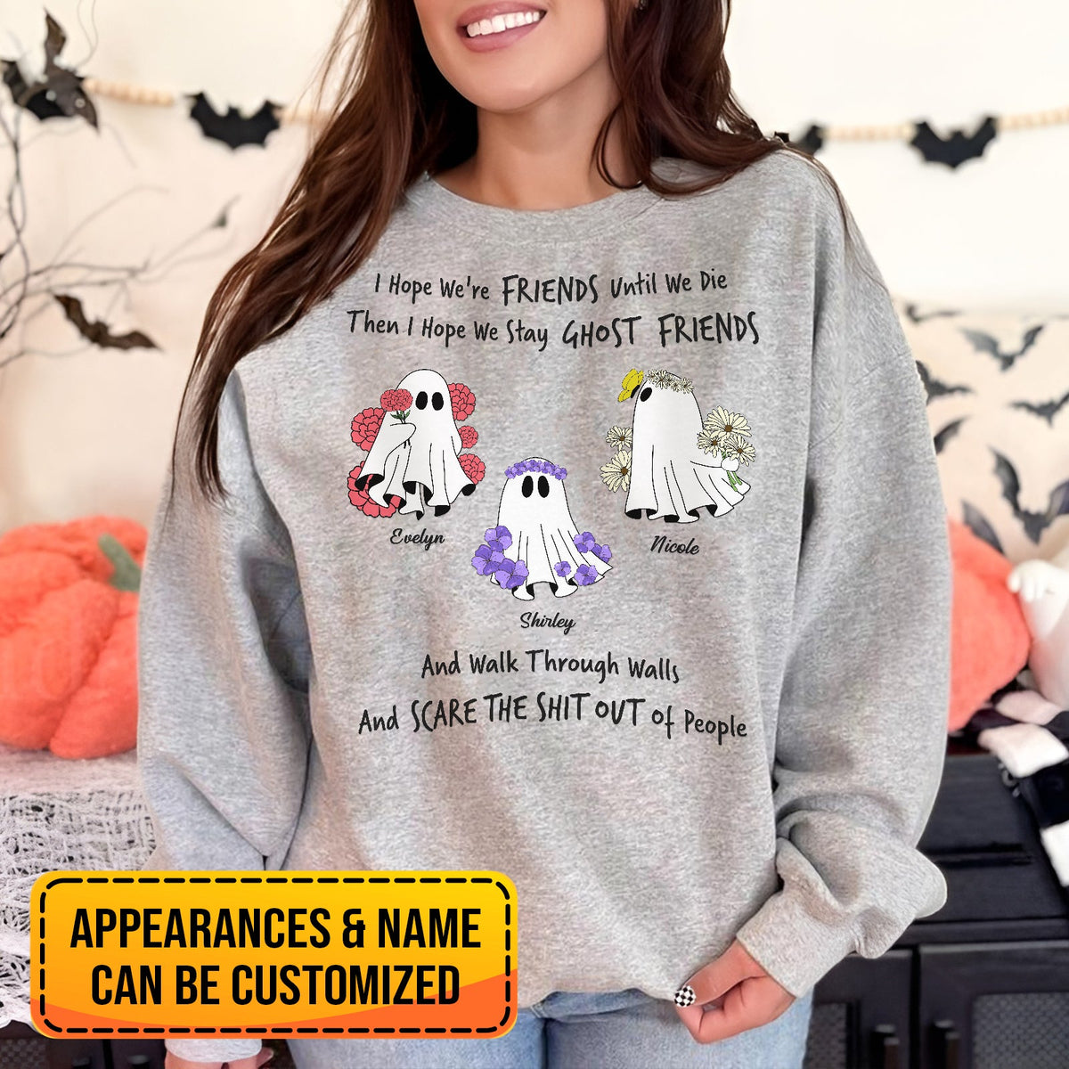 Personalized ghost friends shirt in gray with custom names and cute ghost illustrations for spooky fun