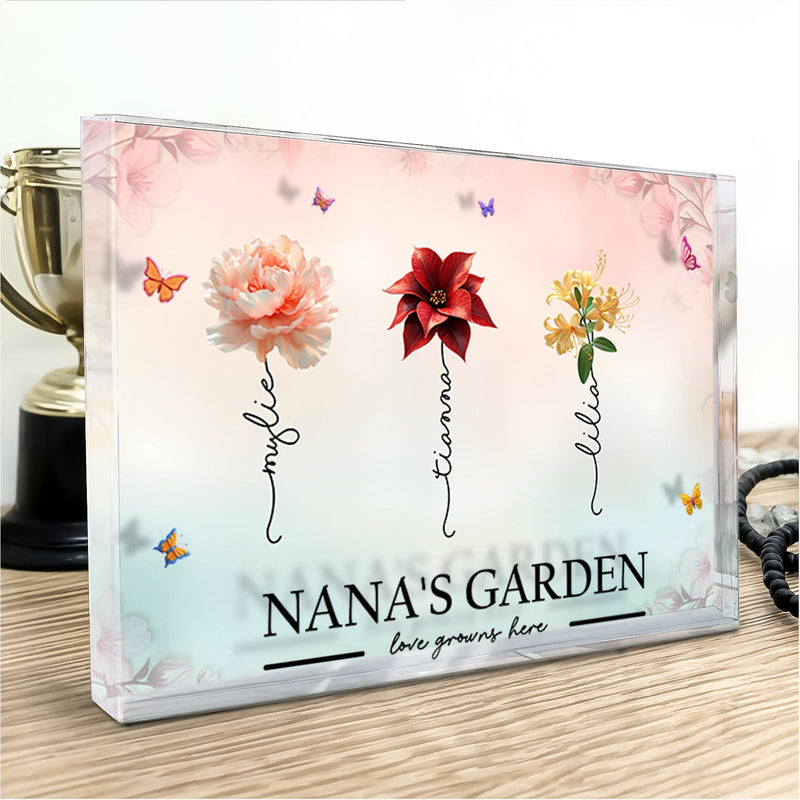 Personalized gift for mom featuring a floral design with names in a decorative plaque