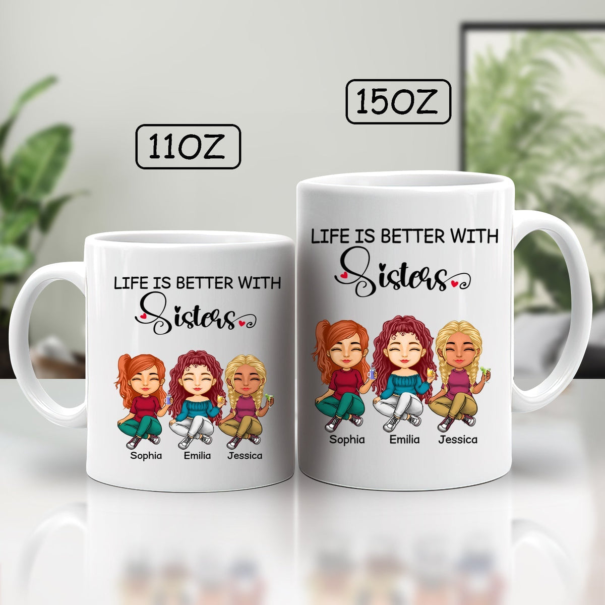 Personalized gift for sisters ceramic mugs with fun illustrations and the text Life is Better With Sisters