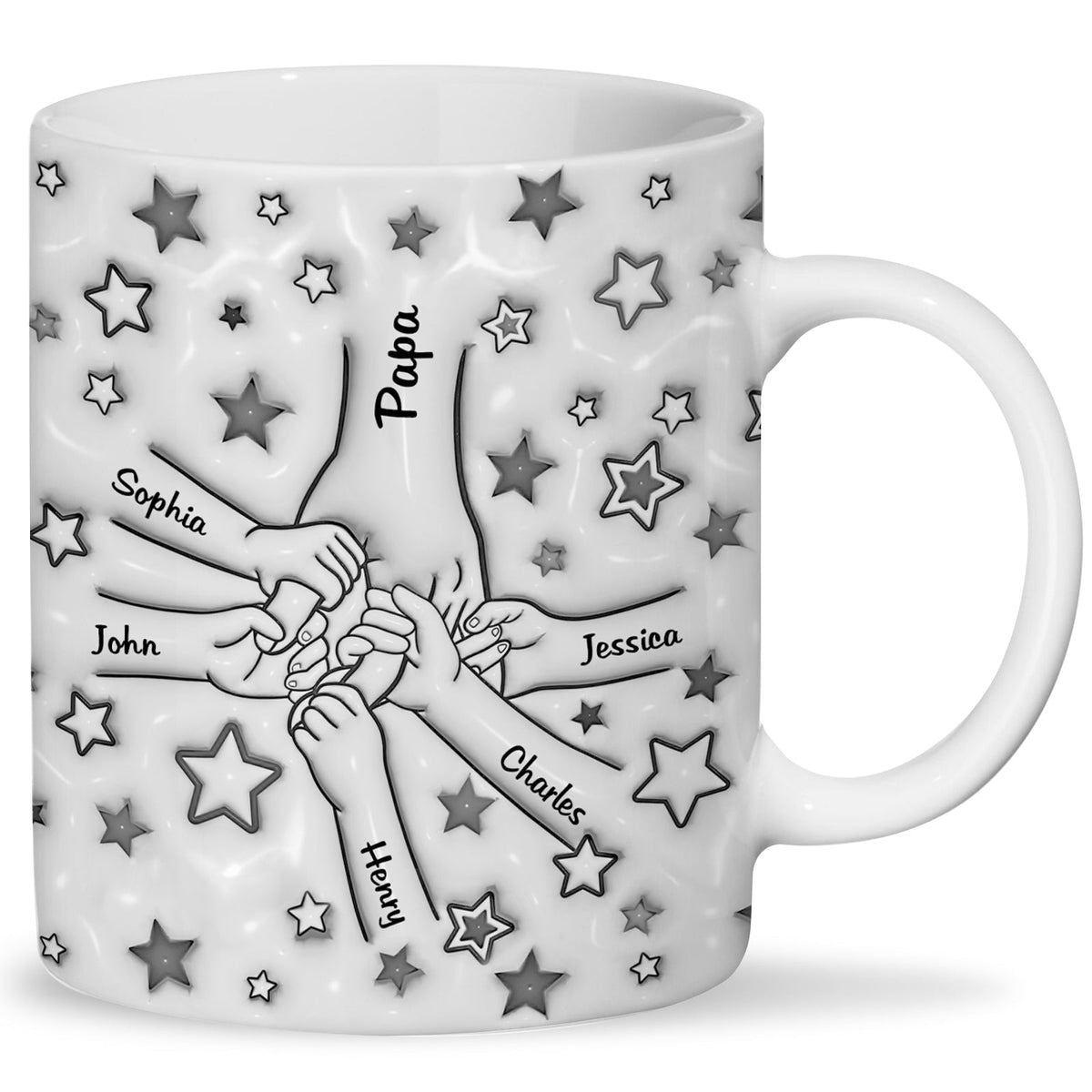 Personalized gifts for dads coffee mug featuring hands of family members and stars design