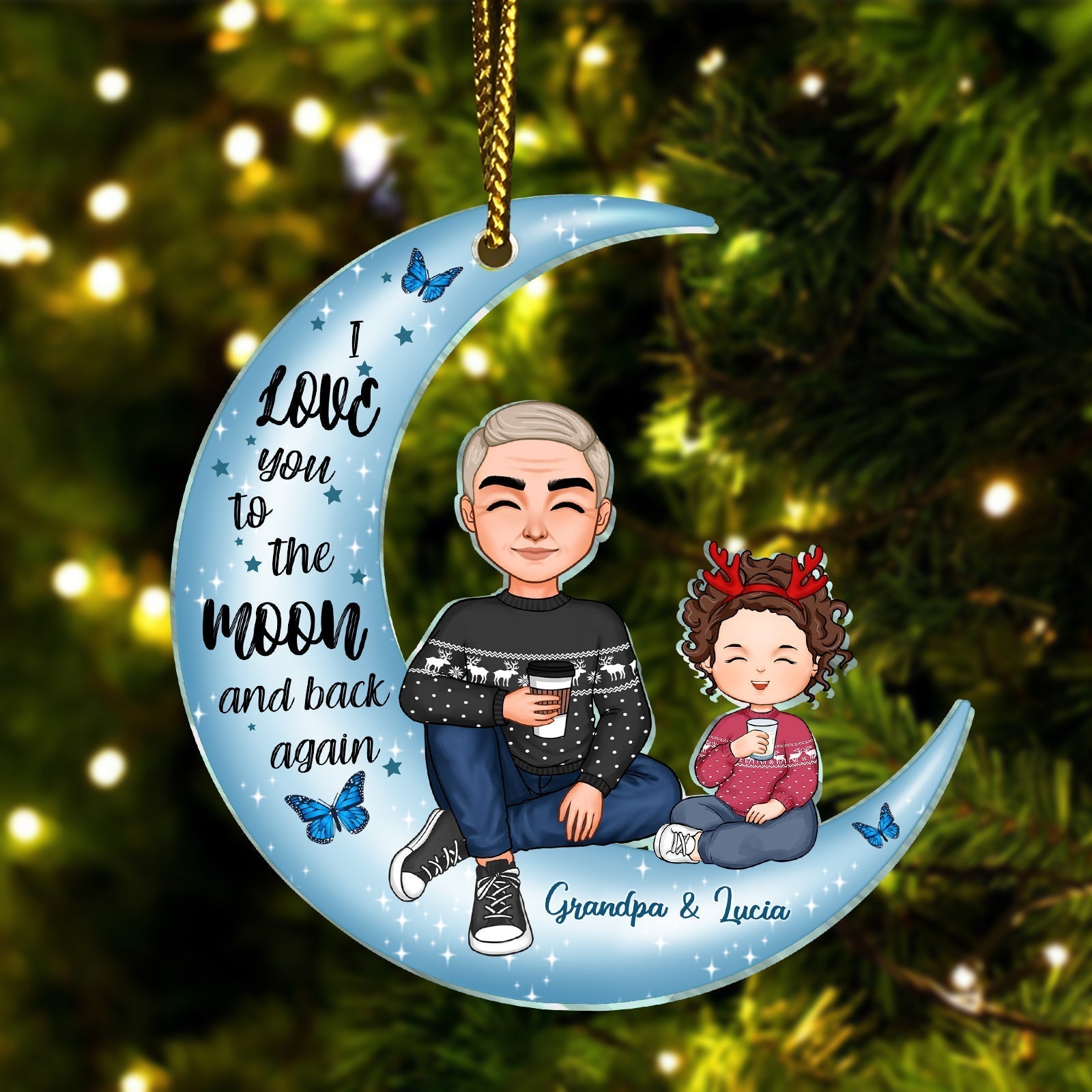 Personalized grandma and grandkid ornament featuring Grandpa and Lucia on a crescent moon design