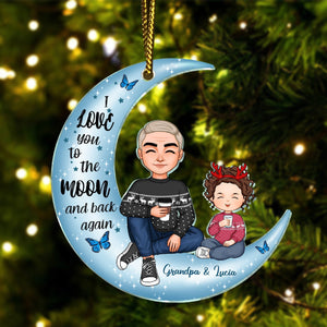 Personalized grandma and grandkid ornament featuring Grandpa and Lucia on a crescent moon design