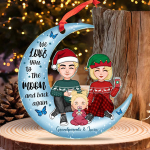 Personalized grandma and grandkid ornament with cartoon characters and heartfelt message on a crescent moon