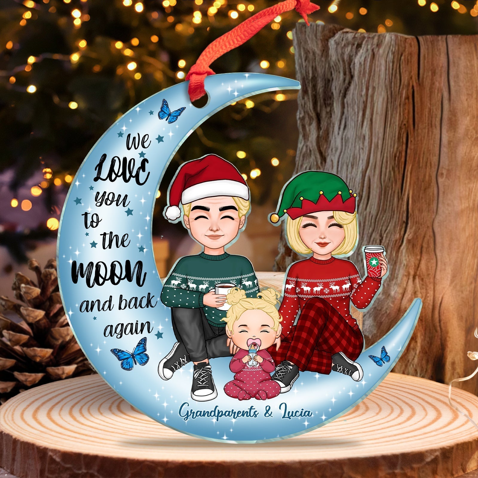 Personalized grandma and grandkid ornament featuring a family illustration with a moon design