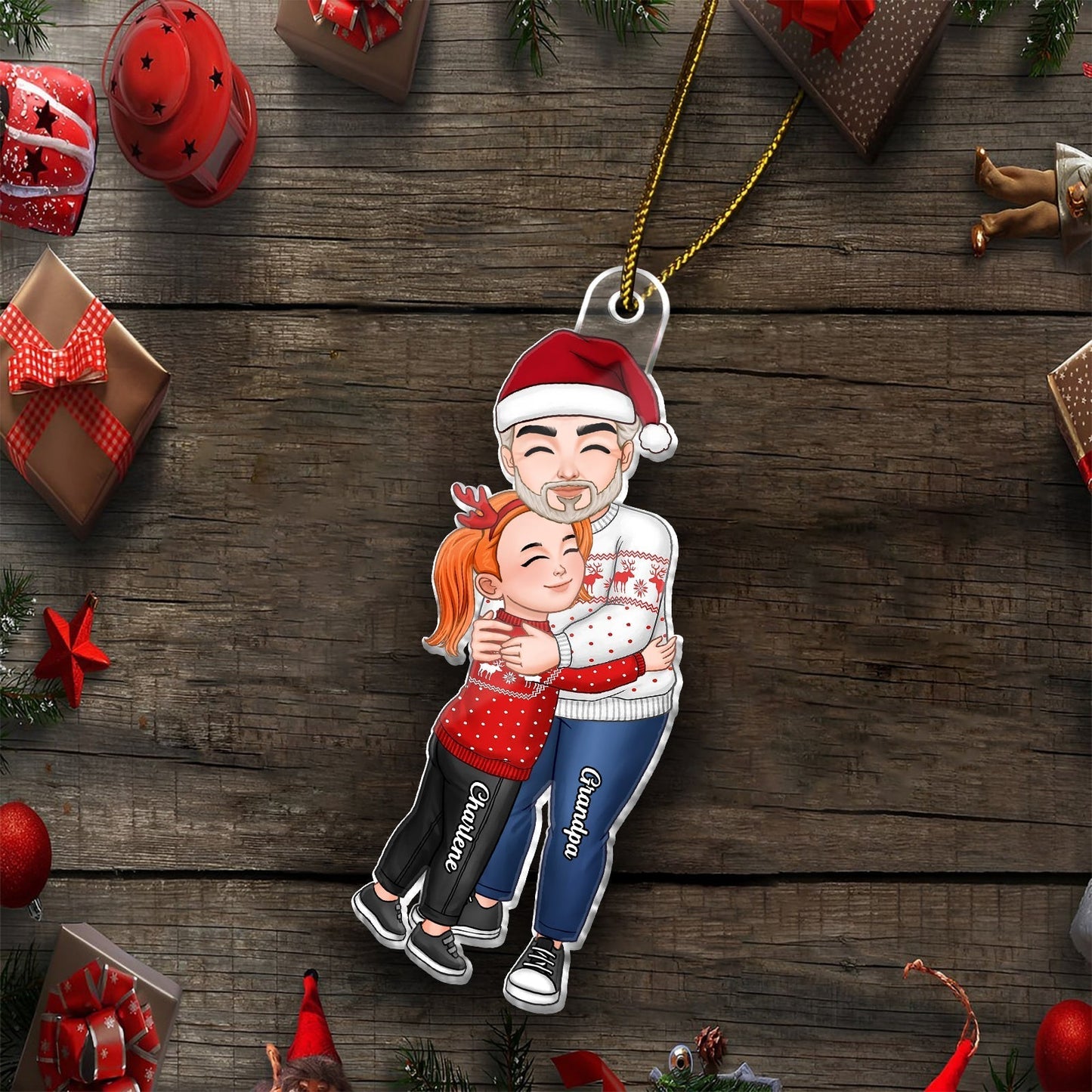 Personalized grandma and grandkid ornament featuring a cheerful grandmother and grandchild hugging in festive attire
