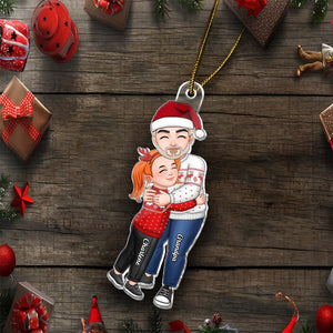 Personalized grandma and grandkid ornament featuring a cheerful grandmother and grandchild hugging in festive attire