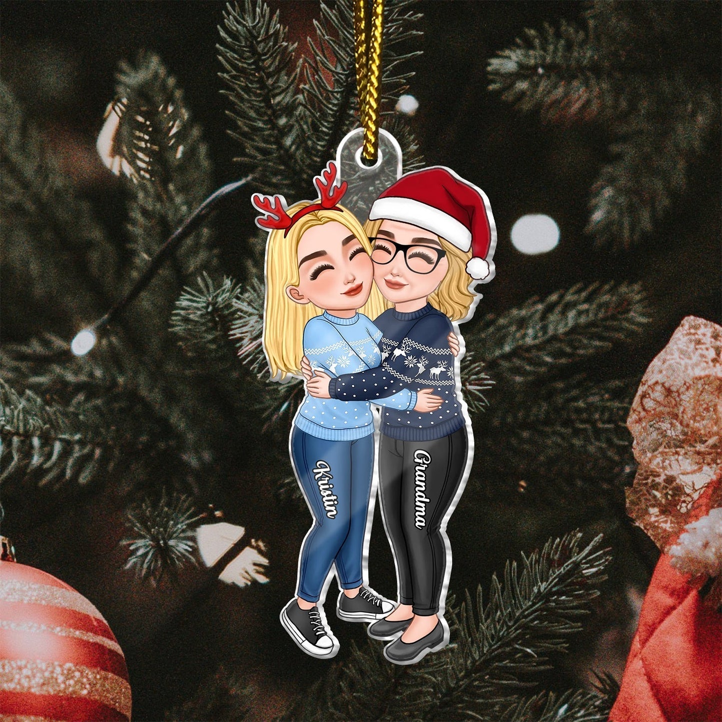 Personalized grandma and grandkid ornament featuring a blonde girl and her grandma in festive outfits
