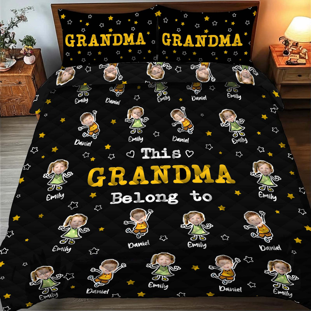 Personalized grandma and grandpa quilt featuring colorful graphics and family names for a cozy touch