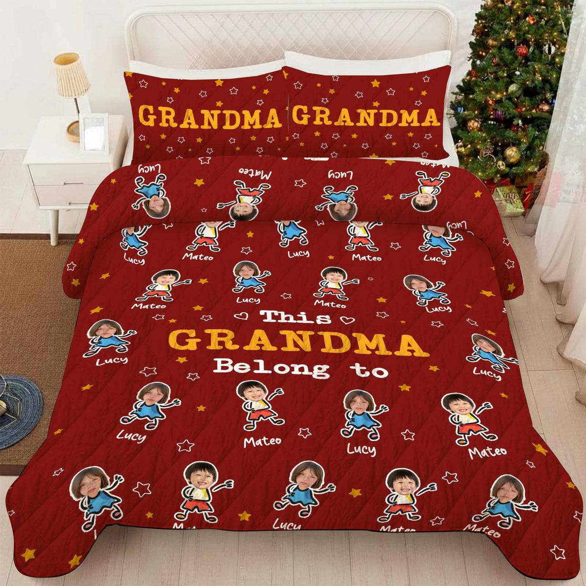 Personalized grandma and grandpa quilt with colorful characters and names on a cozy red background