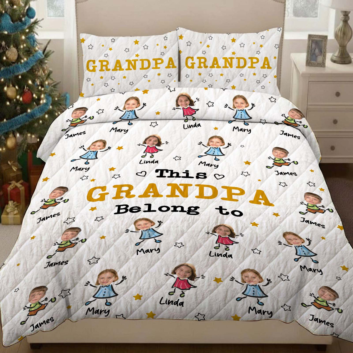 Personalized grandma and grandpa quilt featuring family photos and names on a cozy design