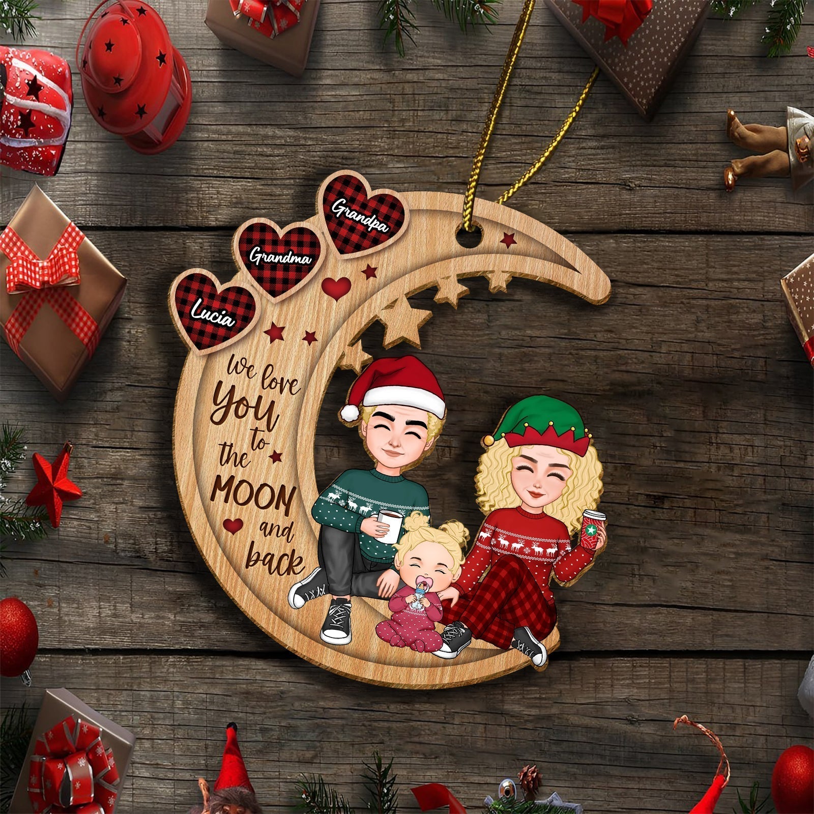 Personalized grandma and grandkid ornament featuring a festive design with a loving message