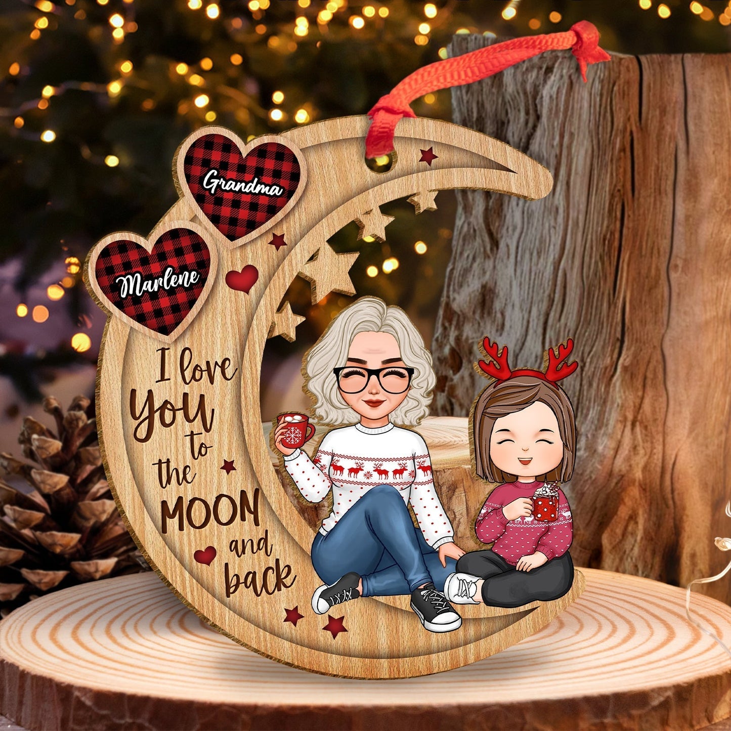 Personalized grandma and grandkid ornament featuring a loving design with cozy holiday themes