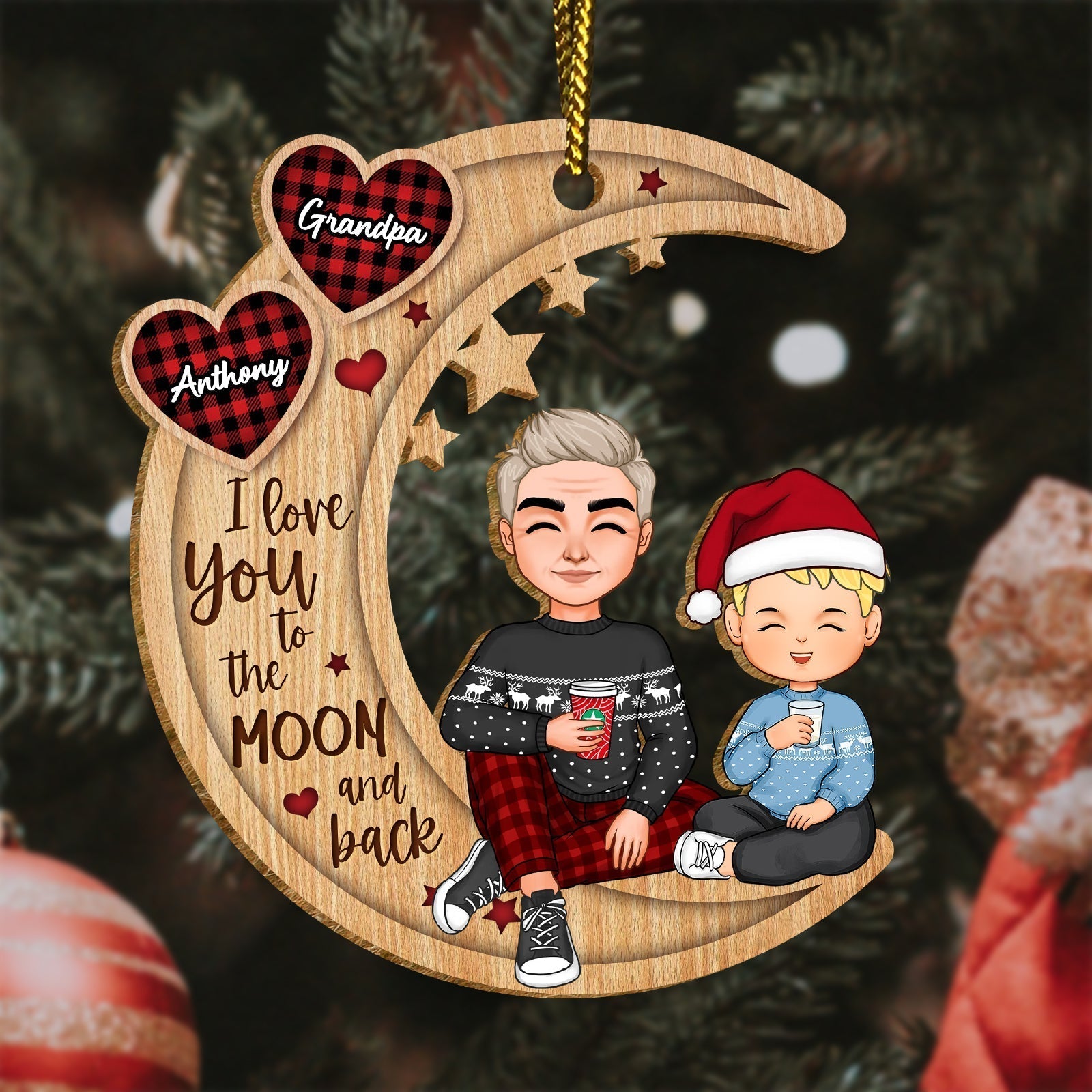 Personalized grandma and grandkid ornament with a wooden moon design featuring custom names and a festive theme