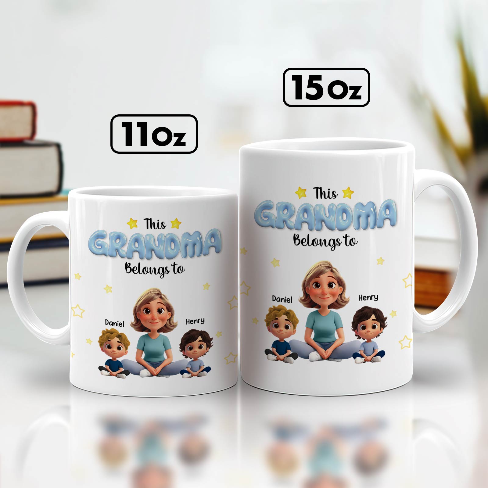Personalized grandma mug featuring a design with children and the phrase This Grandma Belongs To