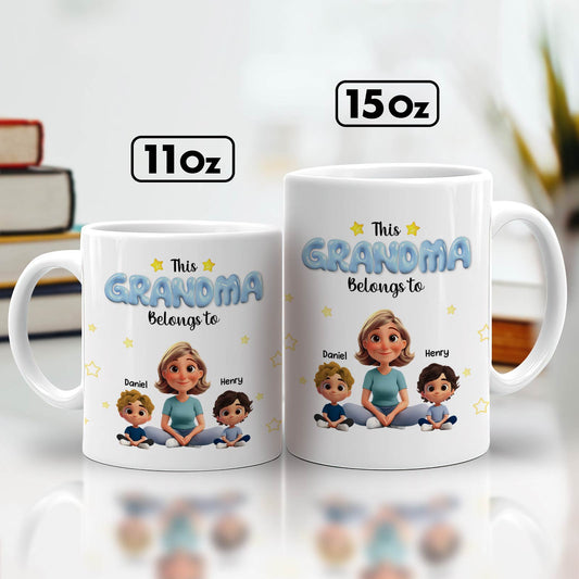 Personalized grandma mug featuring a design with children and the phrase This Grandma Belongs To