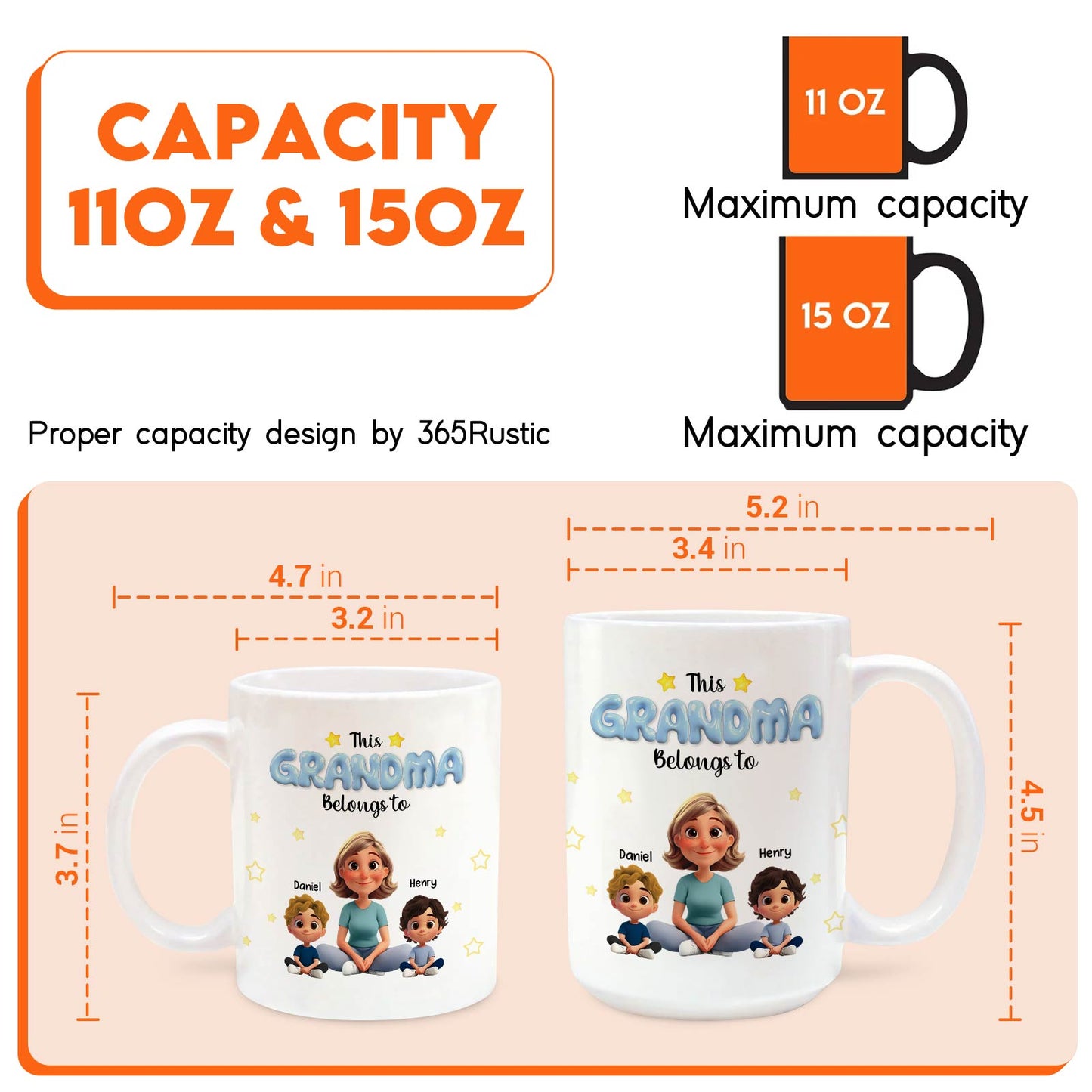 Personalized grandma mug featuring a cheerful grandma with three kids and a capacity of 11oz and 15oz