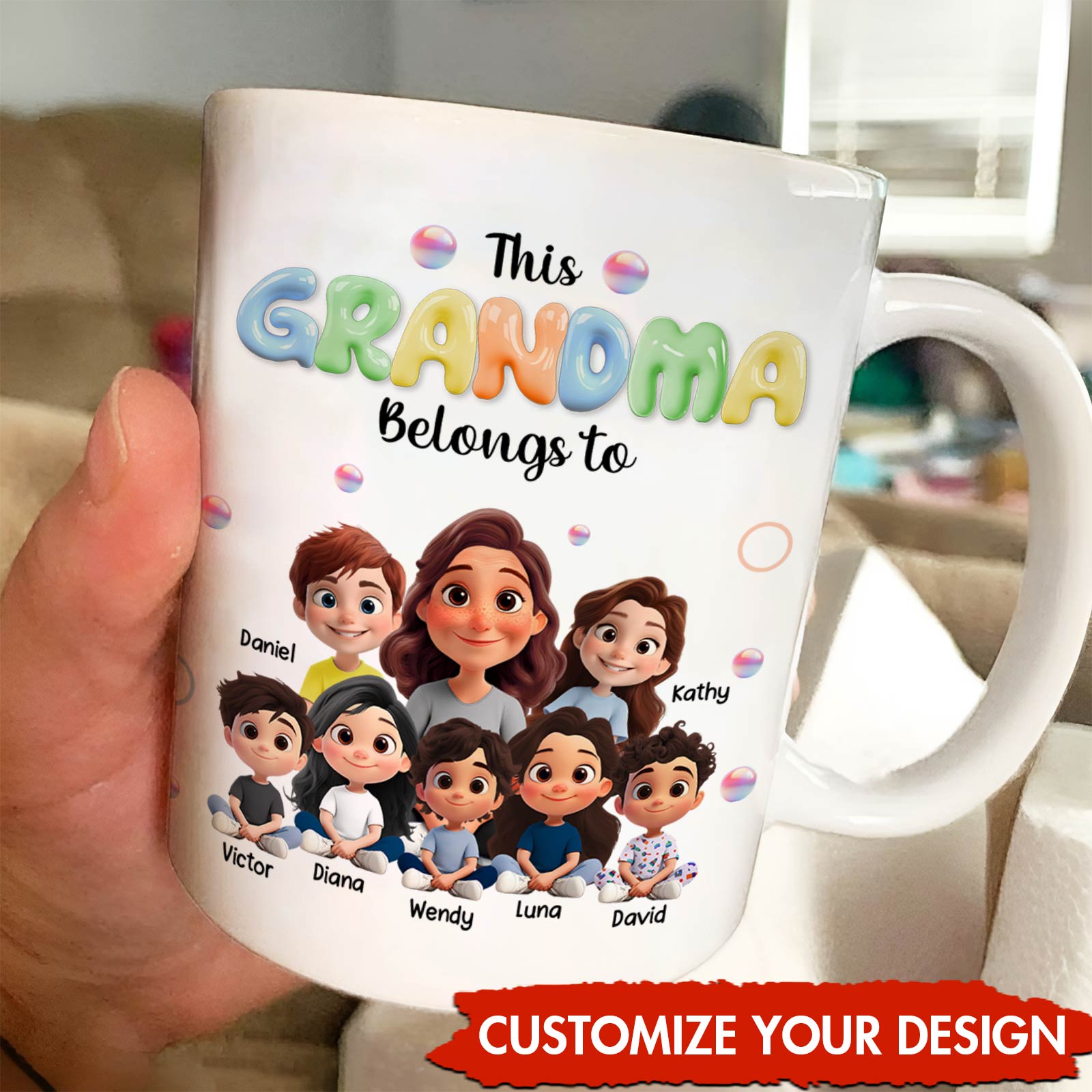 Personalized grandma mug featuring a custom design with family members and vibrant colors