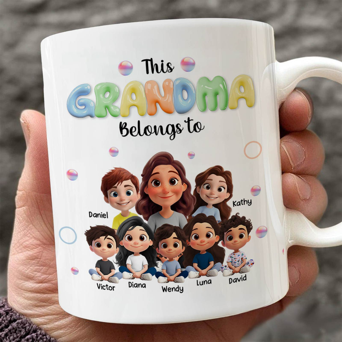 Personalized grandma mug featuring cartoon characters with names for a unique gift