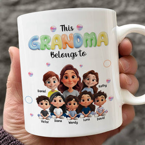 Personalized grandma mug featuring cartoon characters with names for a unique gift