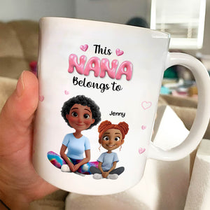Personalized grandma mug featuring cute characters and text that says This Nana Belongs to Jenny
