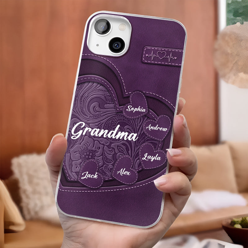 Personalized grandma phone case featuring names of grandkids on a purple heart design