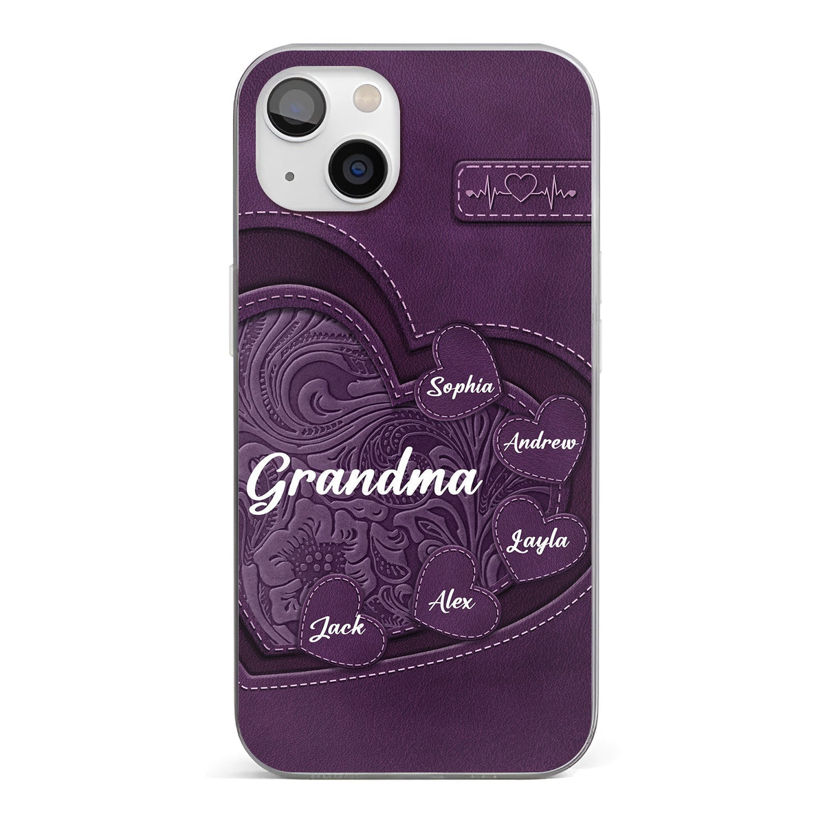 Personalized grandma phone case with names on a purple heart design for a unique gift