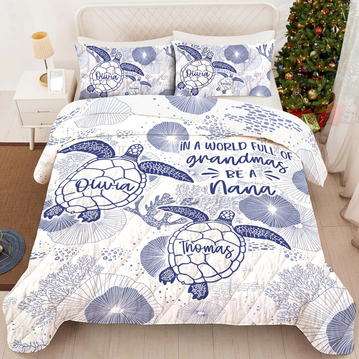 Personalized grandma quilt bedding set featuring turtles and heartfelt message for a cozy bedroom decor