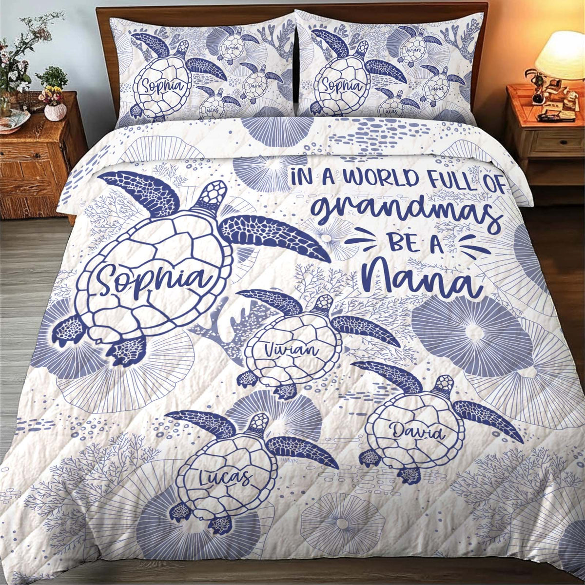 Personalized grandma quilt bedding set featuring turtles and names, perfect for a cozy bedroom