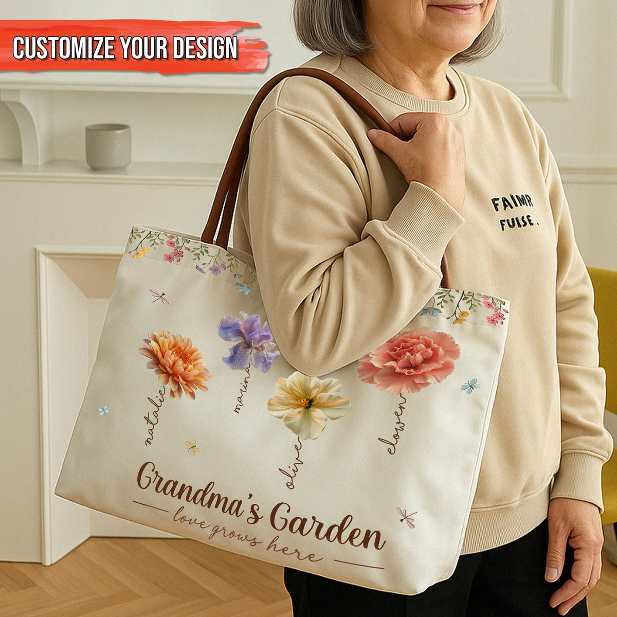 Personalized grandma tote bag featuring floral designs and customizable text for a special touch