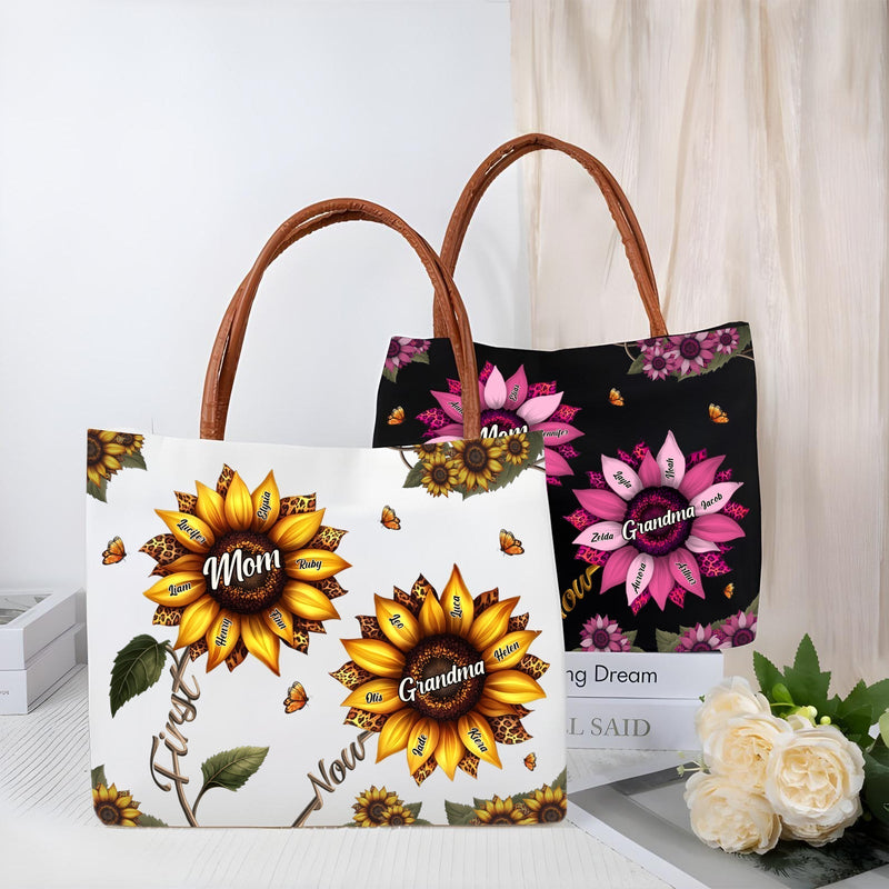 Personalized grandma tote bag featuring vibrant floral designs and sturdy handles for daily use