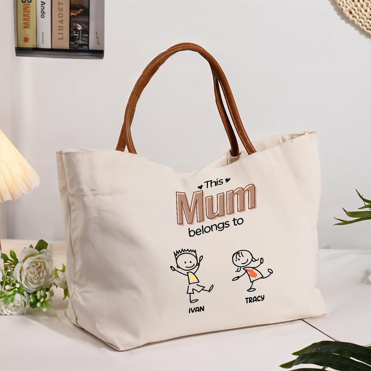 Personalized grandma tote bag featuring cartoon characters and the words This Mum belongs to Ivan and Tracy