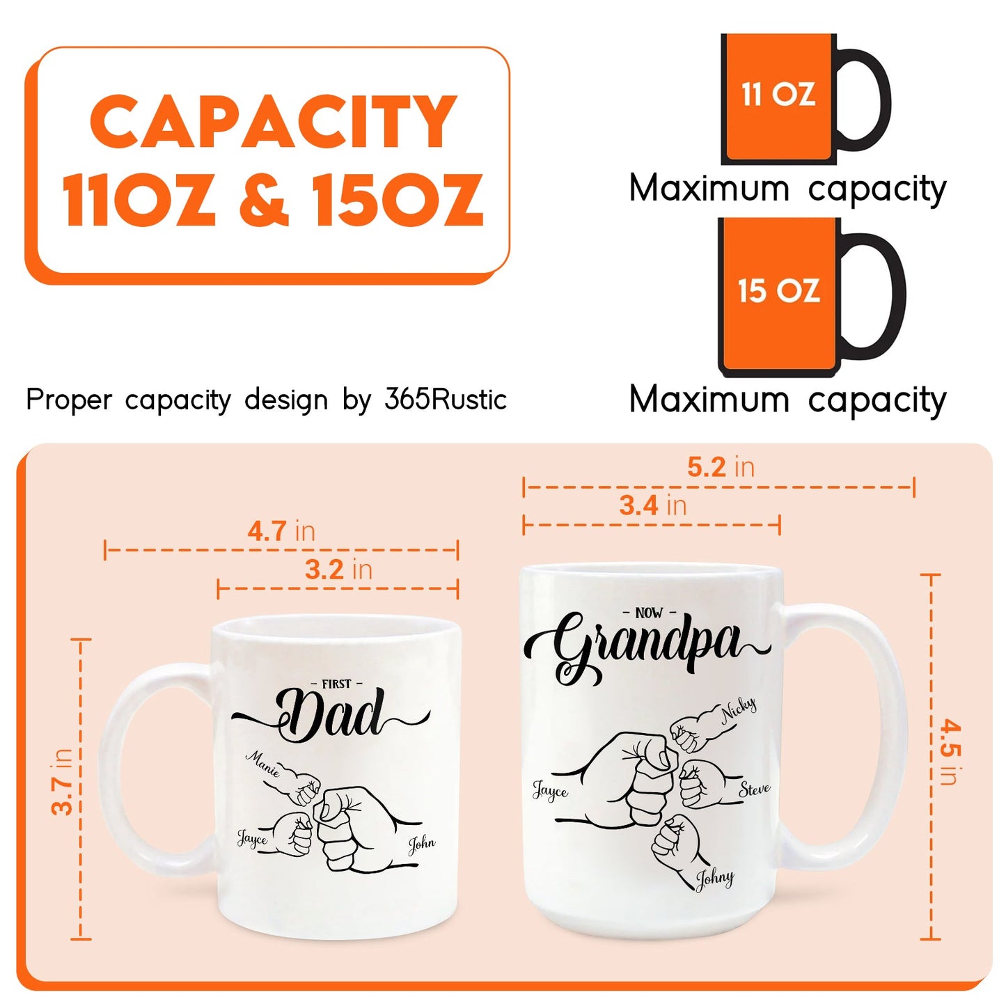 Personalized grandpa mug featuring a fist bump design with capacity options of 11oz and 15oz