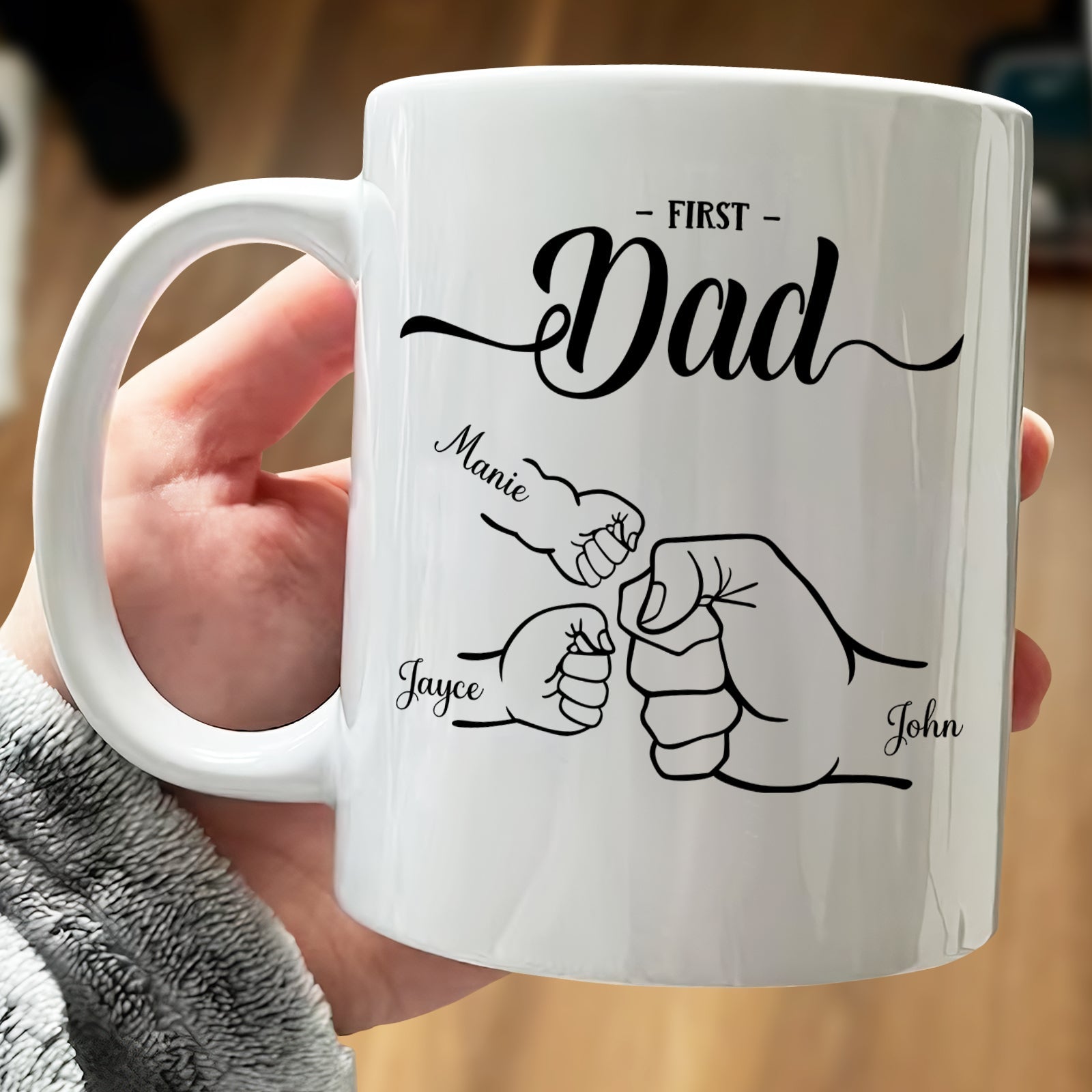 Personalized grandpa mug featuring the names Manie, Jayce, and John with a first dad design
