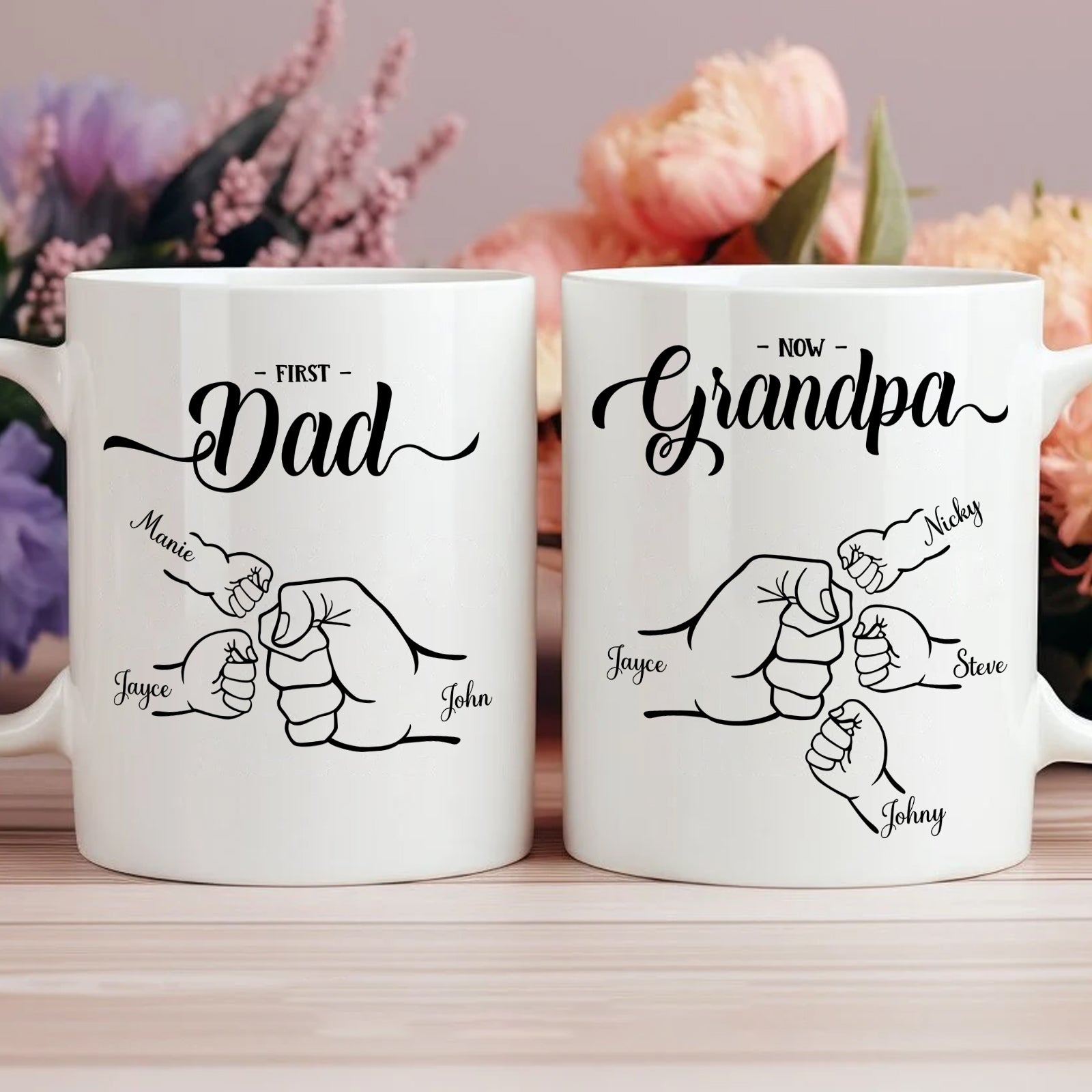 Personalized grandpa mug featuring family handprints and names for a unique gift
