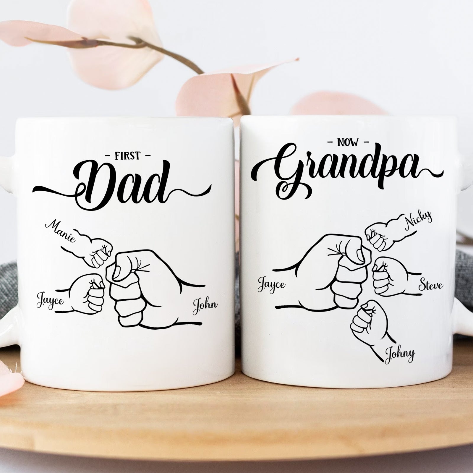 Personalized grandpa mug featuring fists of grandkids with names for a heartfelt gift