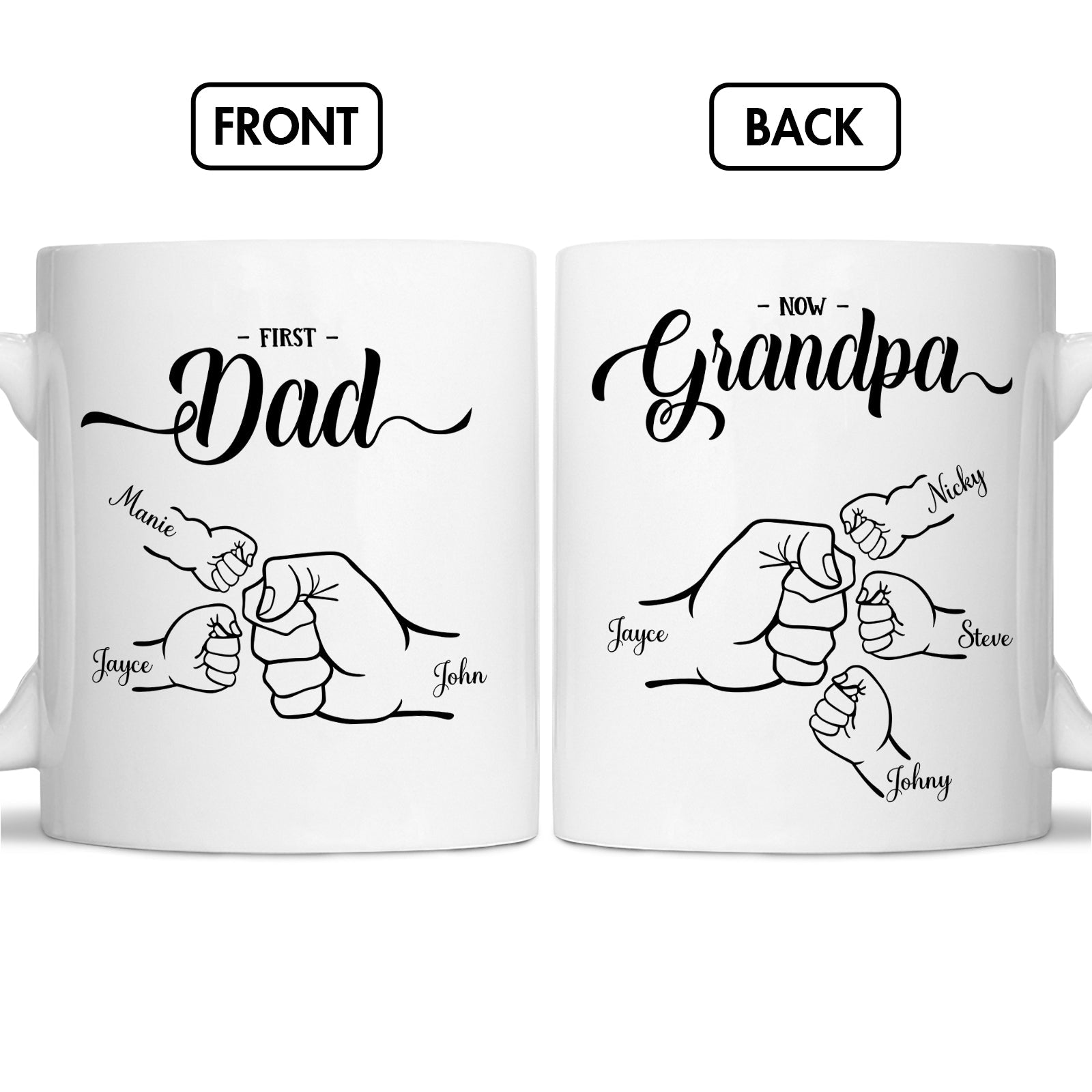 Personalized grandpa mug with fist designs showing family names on both sides