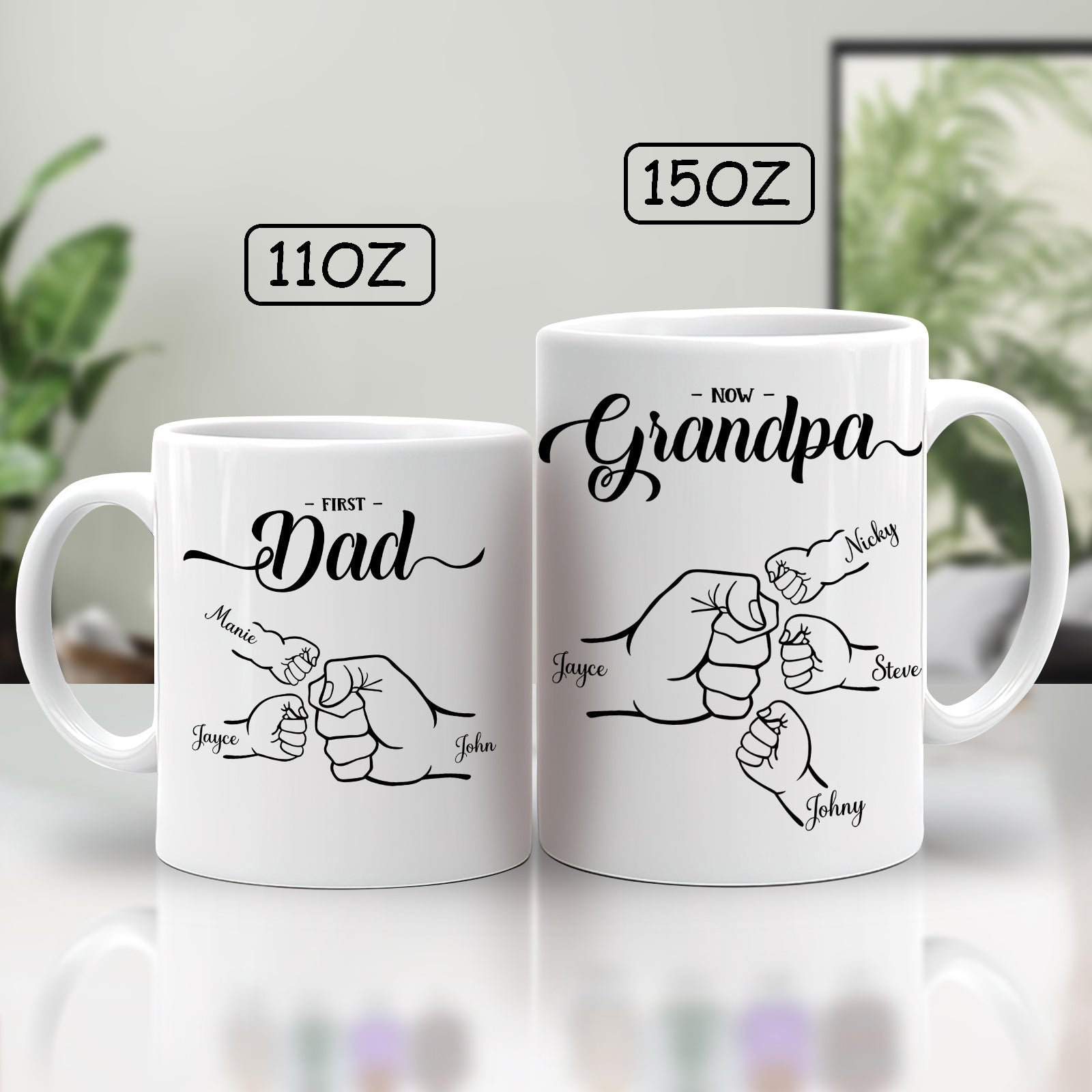 Personalized grandpa mug featuring custom names and a fist bump design for special occasions