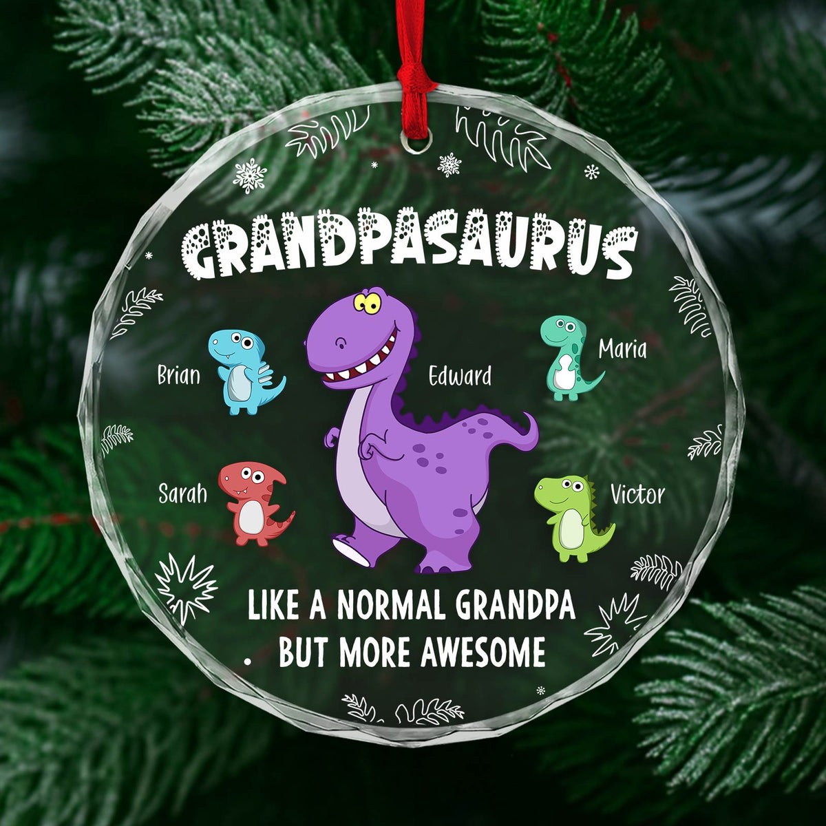 Personalized grandpa ornament featuring a dinosaur design with names and the text Grandpasaurus