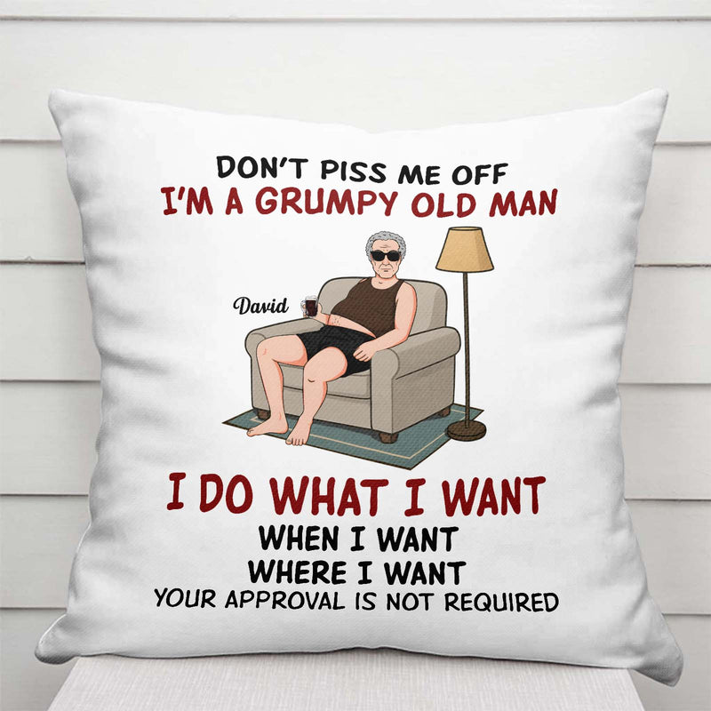 Personalized grumpy old man pillow featuring humorous text and a cartoon character on a couch
