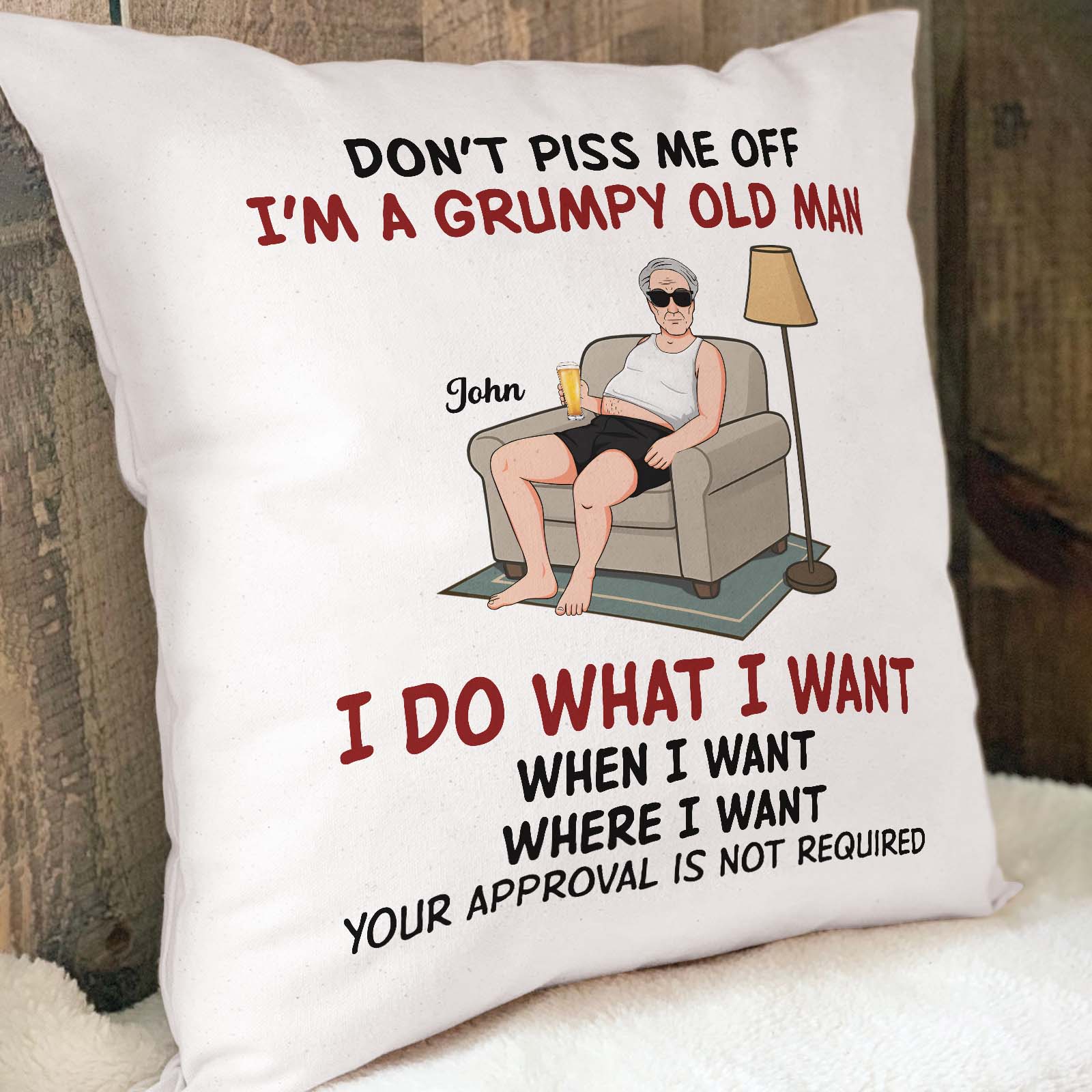 Personalized grumpy old man pillow with humorous text and cartoon design for gifts