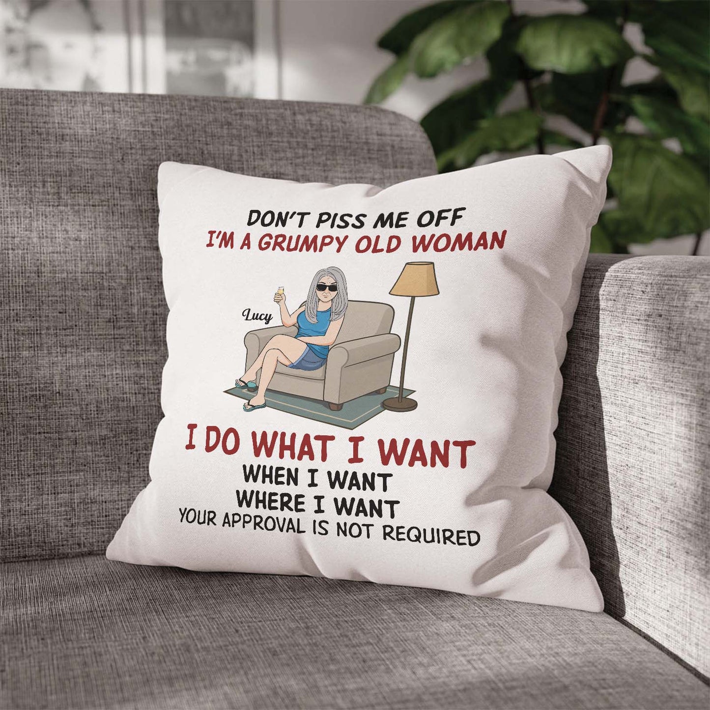 Personalized grumpy old man pillow with humorous quote and illustration for home decor