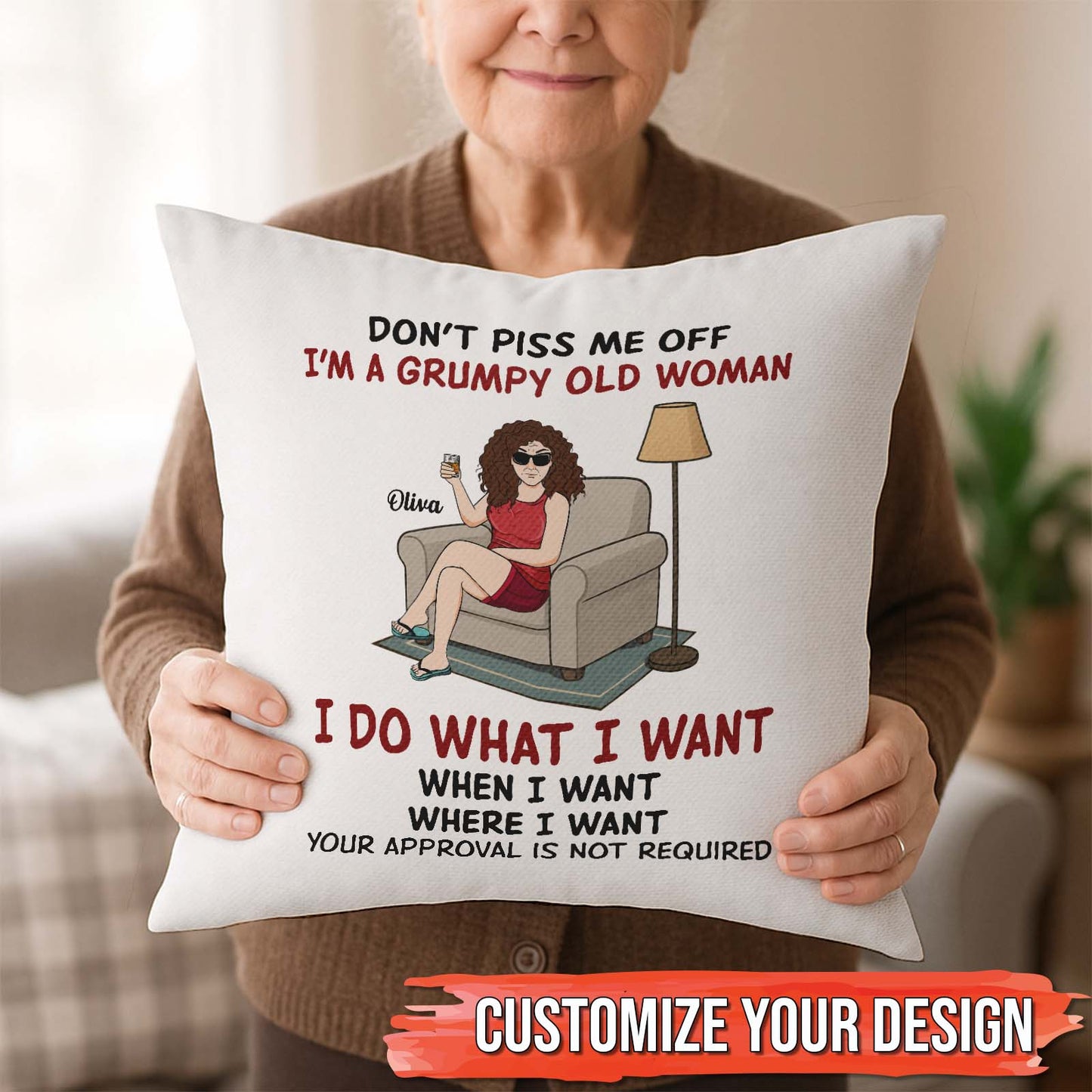 Personalized grumpy old man pillow featuring a humorous design with bold text and an illustration