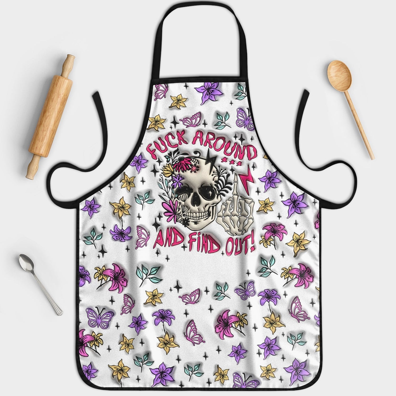 365Gifty personalized Halloween apron with skull, colorful flowers, and bold text design