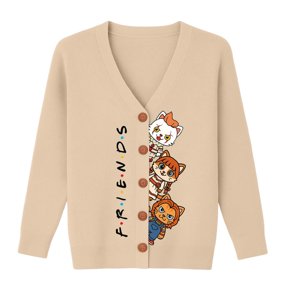 Personalized Halloween cat cardigan featuring cute cat designs with 'Friends' lettering